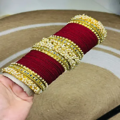 Luxury Maroon Bridal Chura Set with Pearl & Kundan Work – Wedding Bangles for Bride